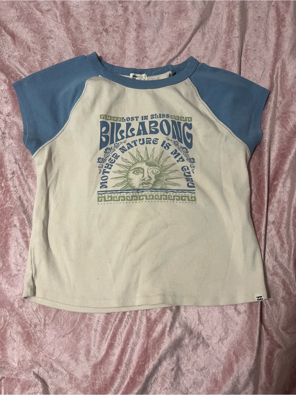 Billabong Cream cropped Baby Tee with Blue Raglan Sleeves